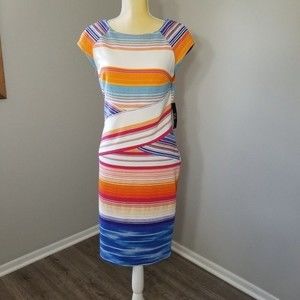 New York & Company Dress NEW Small Tropical Sheath Orange/Blue Stretchy N…